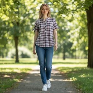 Vintage Red and Blue Plaid Blouse Short Sleeve